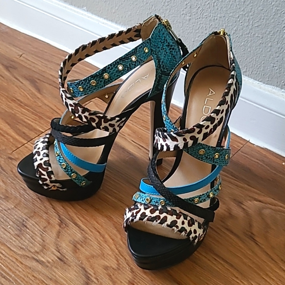 Aldo Soderquist Animal Print Turqoiuse Heels Size 38Eu/8USA